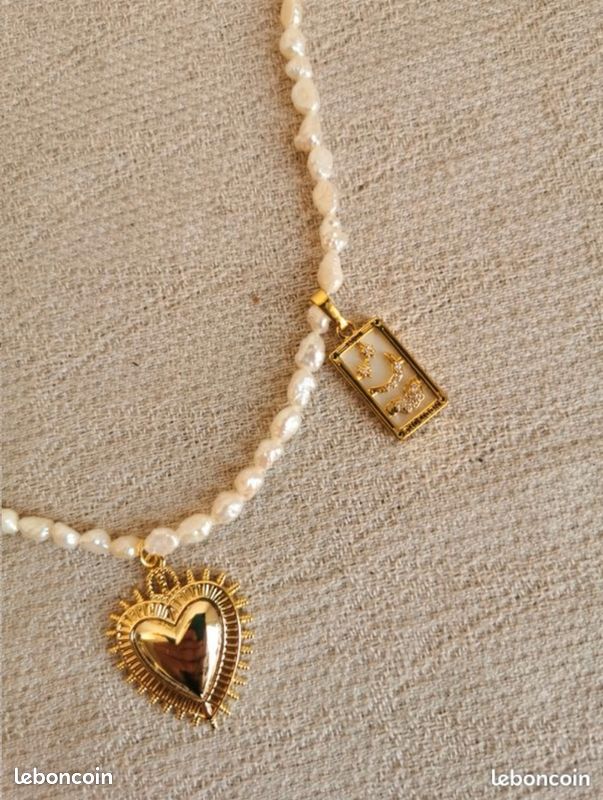 Collier perles de culture "grain de riz" neuf pampilles cœur carte tarot lune strass ex voto milagros acier doré creation (image 9)