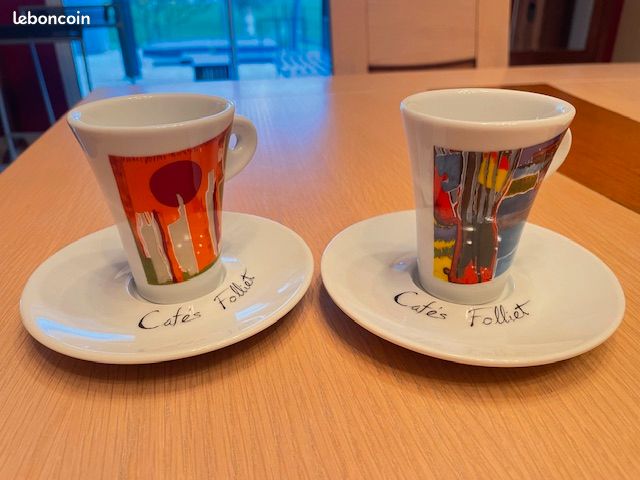 CAFES FOLLIET LOT DE 4 TASSES A CAFE SOUCOUPES BAR BISTROT