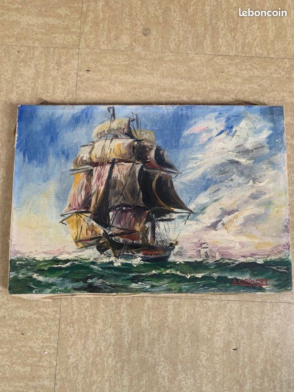 Tableau Marine Vintage - Peinture Voilier en Mer - Signé J. Fringet (image 1)