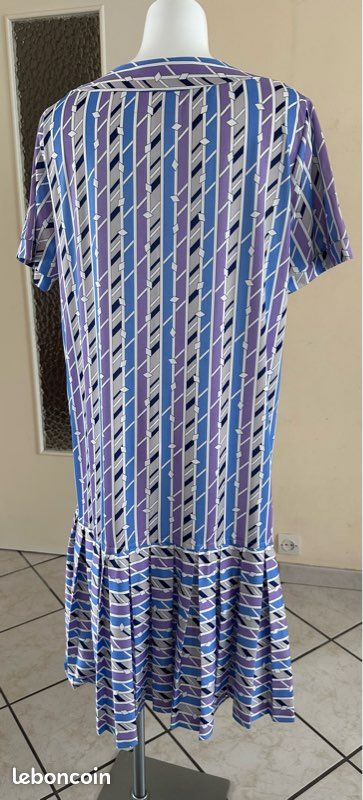 Robe vintage plissée Made in France Motif géométrique violet & bleu Taille 3 (42/44) (image 11)