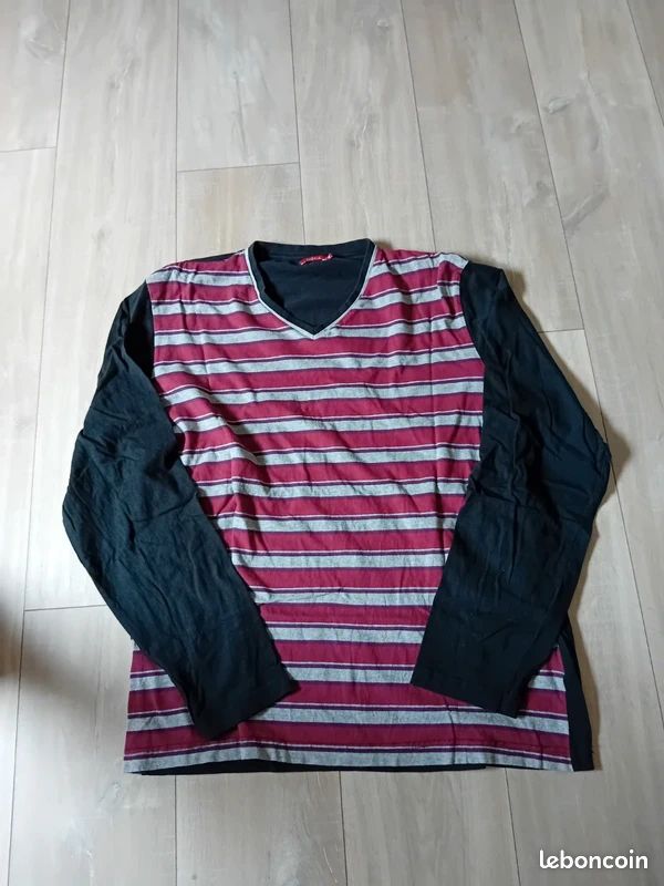T-shirt manches longues Tissaia XXL – Rayé bordeaux & gris – Col V (image 2)
