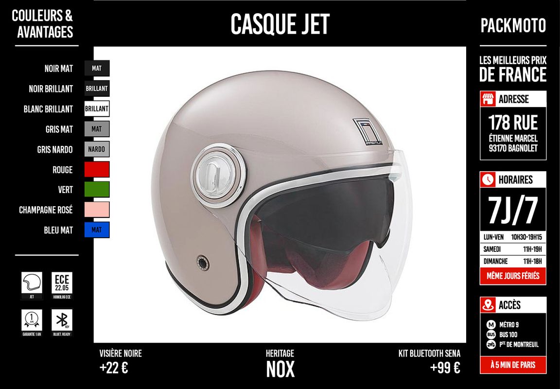 Casque Jet Vintage NOX Heritage - NEUF (look Ruby) - Équipement moto