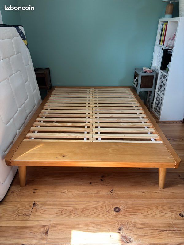 Lit plateforme pin massif + sommier 140 x 190 cm (image 1)