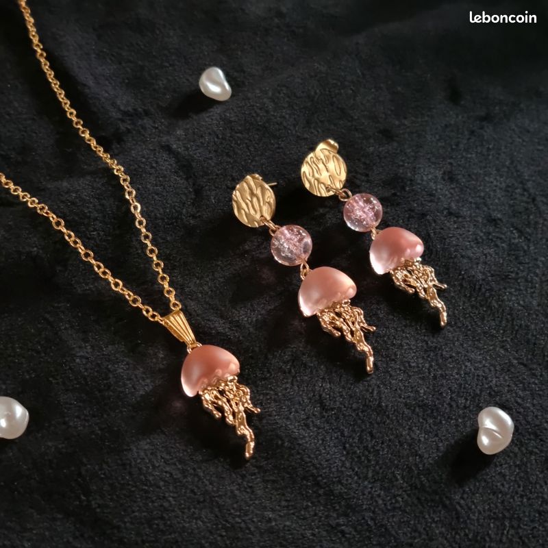 Parure Bijoux Fantaisie Perles Fuchsia - Collier + Boucles D'oreilles - Neuf Avec étiquettes