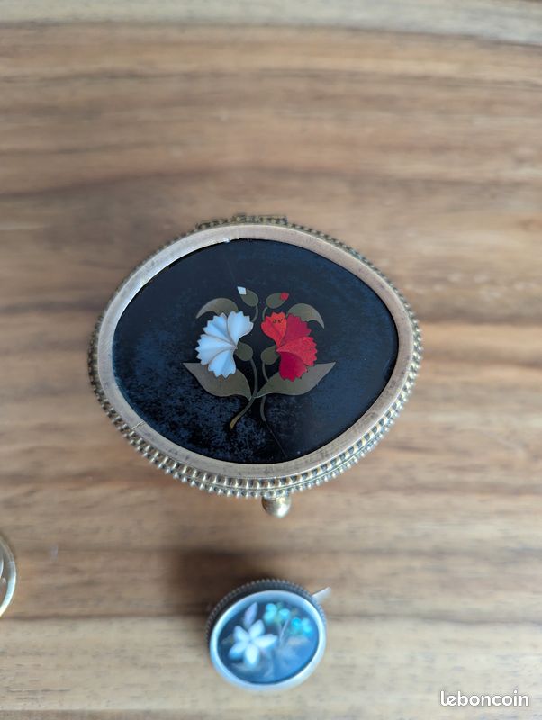 Lot mosaique florentine coffret bronze XIXe broche argent pietra dura (image 2)
