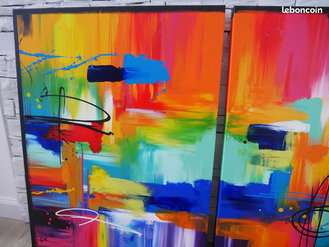 Envoi compris - TABLEAU ABSTRAIT CONTEMPORAIN - art coloré - diptyque de 120 X 80 (image 5)