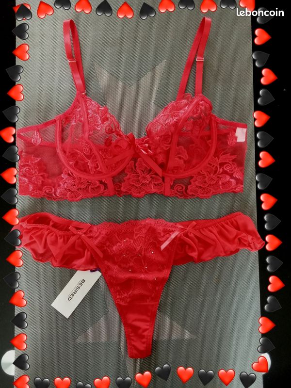 Ensemble Lingerie Lisa Lingerie Rouge Dentelle - Soutien-gorge 85C + String Taille 40, Neuf