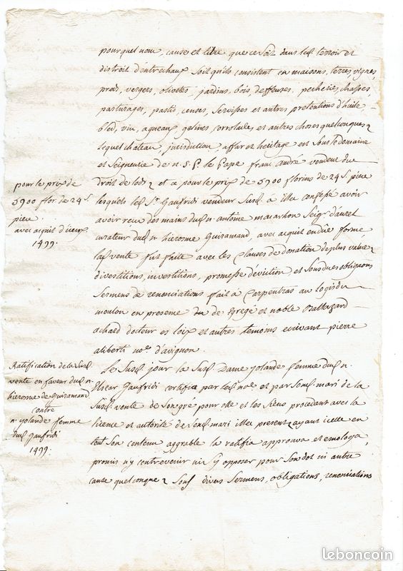 Copie de l'Acte de vente du CHÂTEAU D' ENTRECHAUX 1499 [ ENTRECHAUX VAUCLUSE] (image 2)