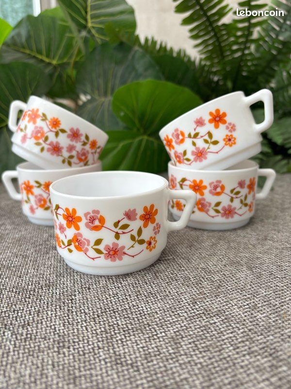 Lot De 6 Tasses à Café Arcopal Vintage – Motif Fleurs Orange – Verre Opale