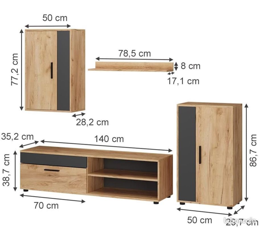 Ensemble Mural TV Design – Lot de 4 Éléments – Chêne de Force Doré & Anthracite – Meuble Bas, Buffet, Armoire Suspendue & Étagère (image 4)