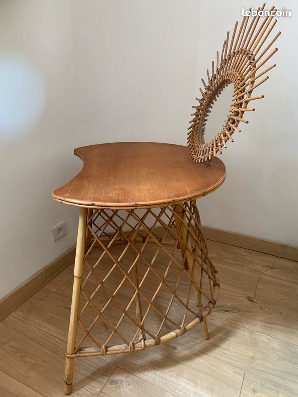 Coiffeuse antiquaire forme soleil très jolie bois/osier assorti d'un tabouret en osier (image 4)