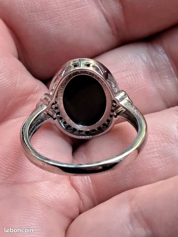 Bague Argent S925 Agate noire femme taille 62 Montres Bijoux