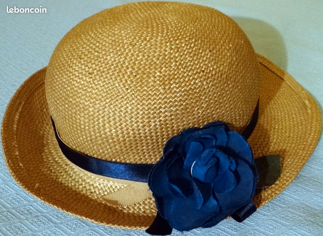 CHAPEAU EN PAILLE NATURELLE 1960 T. 53 cm avec RUBANS FLEUR EN TISSU BLEU mariage, été, défilé vintage, fabriqué en France (image 2)