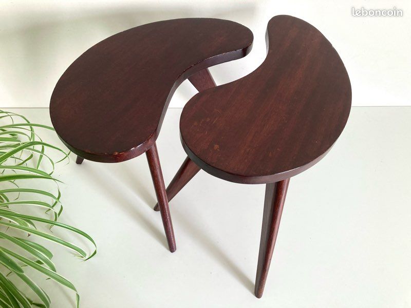 Table d’appoint Tabouret sellette bout de canapé tripode haricot pieds compas bois massif scandinave Mid Century / Vintage 50-60 (image 8)