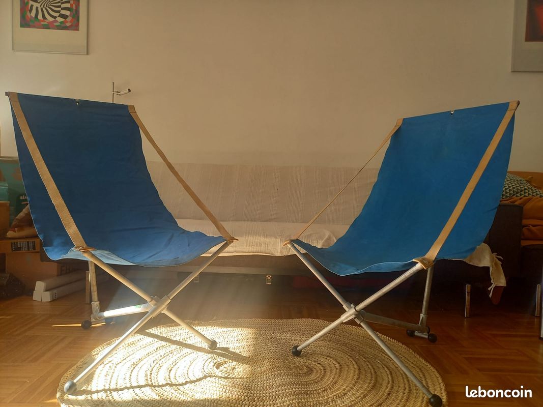Paire de Sièges transamac bleu démontable année 1955 par Chantazur Lafuma (image 1)