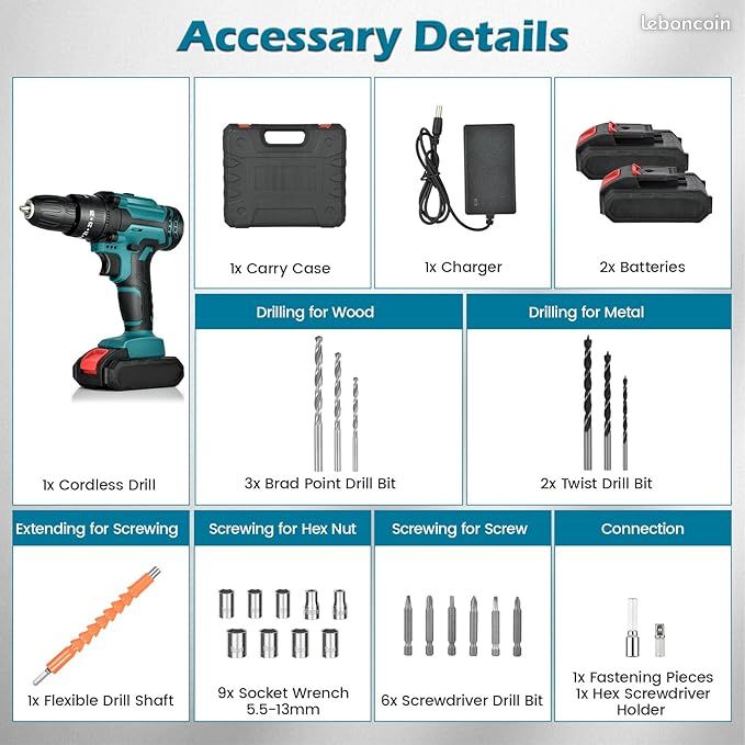 Perceuse Visseuse Sans Fil 21V – 2 Batteries 2.0Ah, Percussion, 25+3 Couples, 2 Vitesses, LED, Pour Bricolage Maison
