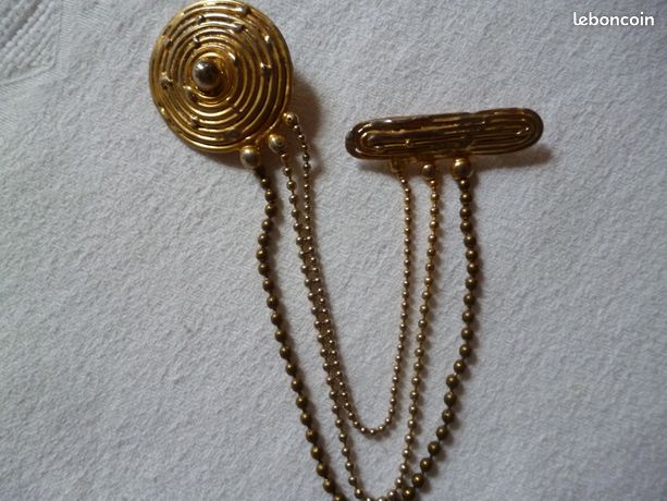 BROCHE double métal doré à chainettes boules